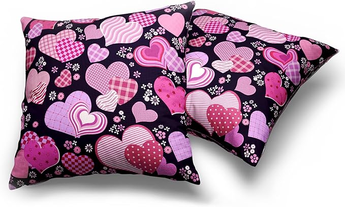 Pink Hearts Pillow Covers 18x18 Pack of 2 Pink Purple Hearts Flowers Throw Pillow Covers Pink and Black Cushion Case Cotton Linen Pillowcase for Couch Sofa Patio