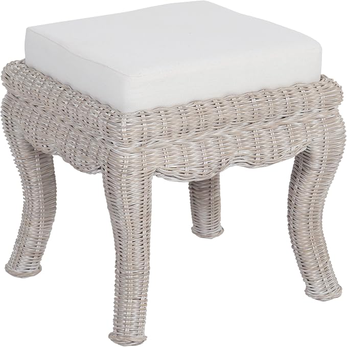 JONATHAN Y Rowan Woven Rattan Vanity Stool with White Cushion, 18.5" Coastal Backless Makeup Chair for Bedroom & Bathroom, Gray White Wash Mango Wood Wicker Ottoman Footrest VSL1000C