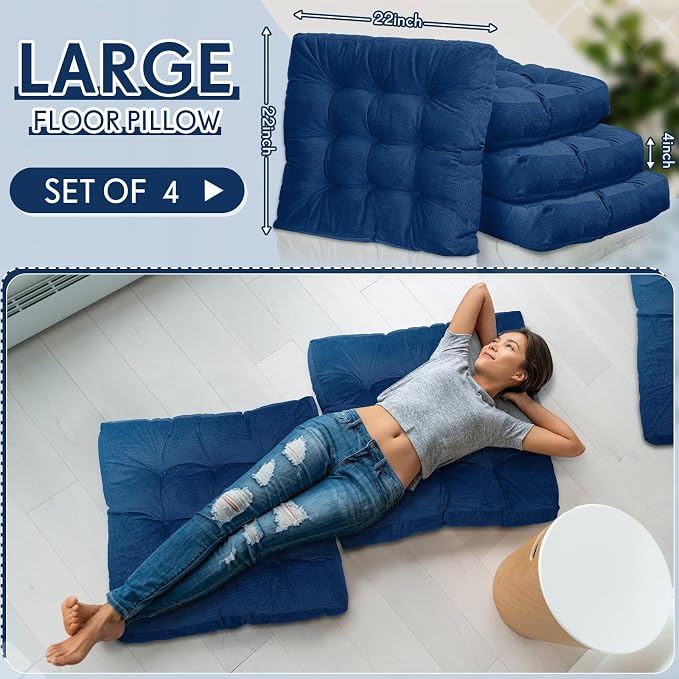 Jerify 4 Pcs Floor Pillow Cushions Large Round Square Large Meditation Floor Pillow for Classroom Adult Meditation Picnic Party Seating Learning Daycare School (Square,Navy Blue)