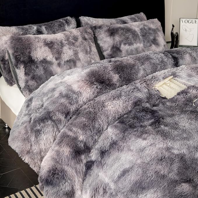 chovy Faux Fur Tie-Dyed Black Gray White Colorful Comforter Sets King - 3PC Bed Set Ultra Soft Plush Flannel Velvet Fluffy Fuzzy Bedding（Comforter x 1 Pillowcases x 2）