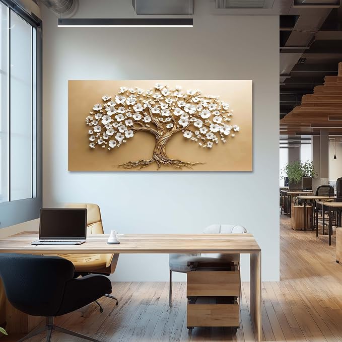Ggaafet White FLower Tree Wall Art for Bedroom Canvas Oil Painting Prints Beautiful Floral Blooming Art Deco Modern Artwork Office Family Dining Room Decor