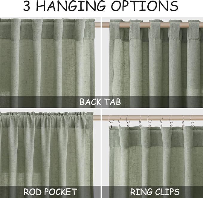 Desert Sage Linen Curtains 80 Inch Length for Living Room Light Filtering Semi Sheer Curtain Back Tab Rustic Farmhouse Decor Elegant Luxury Boho Drapes for Bedroom Dinner Room 52x80, 2 Panels