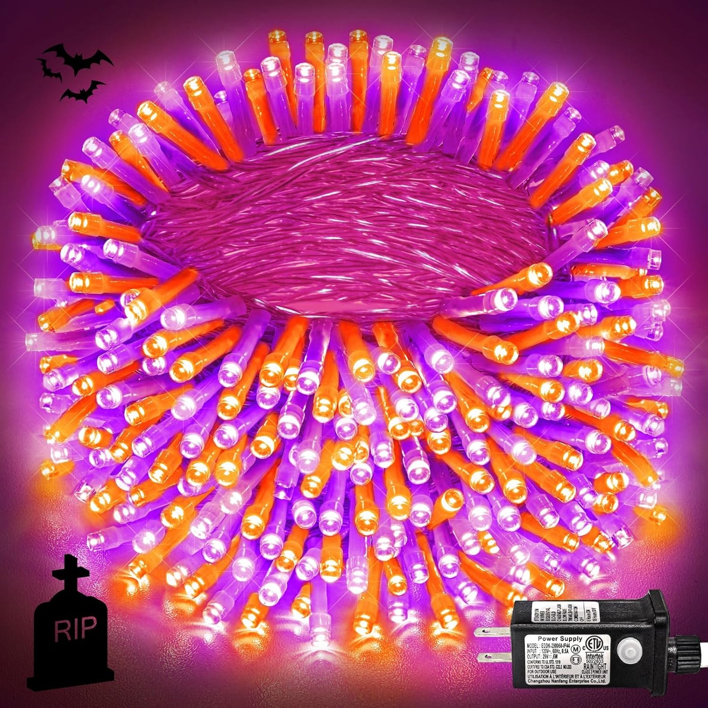 600 LED Halloween String Lights Outdoor, 197 FT Halloween Lights Outdoor Clear Wire with 8 Modes, Plug in Waterproof Christmas Light for Tree Party Christmas Thanksgiving Decorations, Purple&Orange