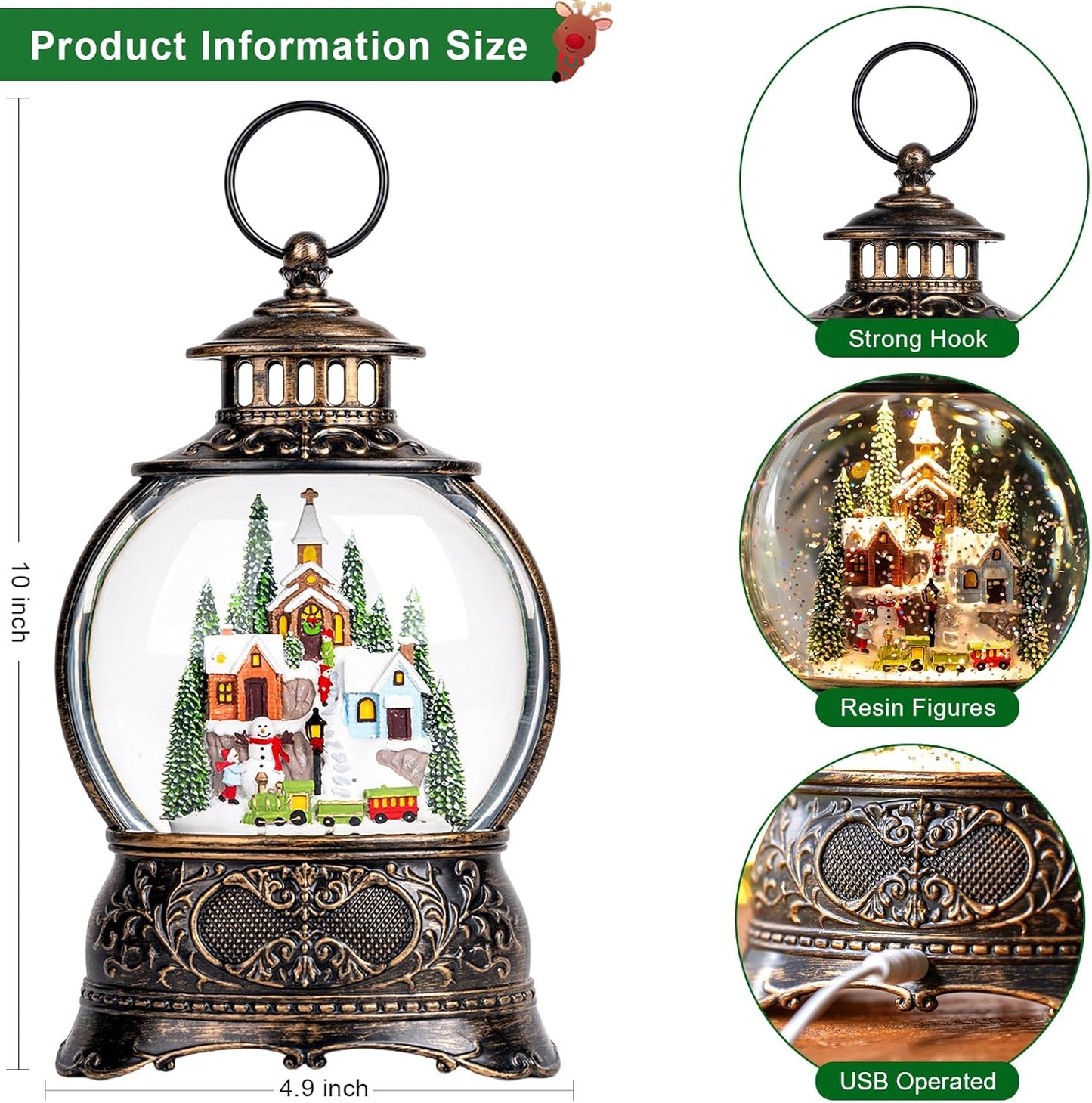 Christmas Snow Globes Christmas Water Lantern with Snowy Train Snowman, Music & 6H Timer, USB Lined/Battery Operated Lighted Lanterns for Xmas Festival Decoration Gifts