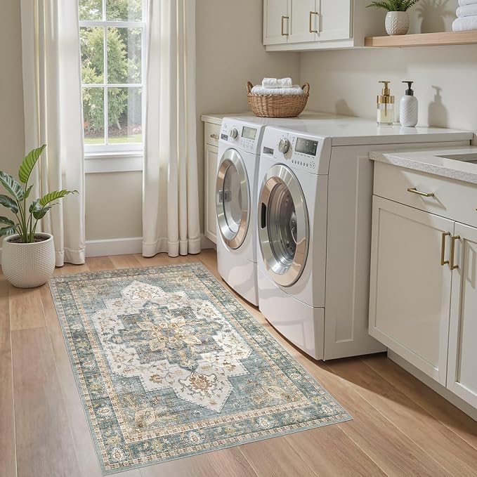 Tortania Area Rug Living Room Rugs - 3x5 Washable Rug Vintage Oriental Distressed Farmhouse Small Thin Indoor Carpet for Living Room Bedroom Under Dining Table Home Office - Muted Teal