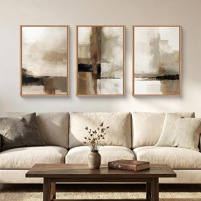 HOURIA Abstract Neutral Vintage Earth Tone Framed Canvas Wall Art Set,Modern Minimalist Rustic Brown Beige Wall Decor,Wabi Sabi Textured Brushstroke Artwork for Living Room,Bedroom,Farmhouse-24"x36"x3