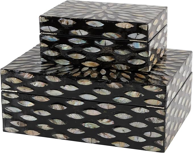 Deco 79 Mother of Pearl Shell Decorative Box Geometric Floral Decorative Keepsake Boxes with Beige Accents, Set of 2 Storage Boxes 12", 8"W, Black