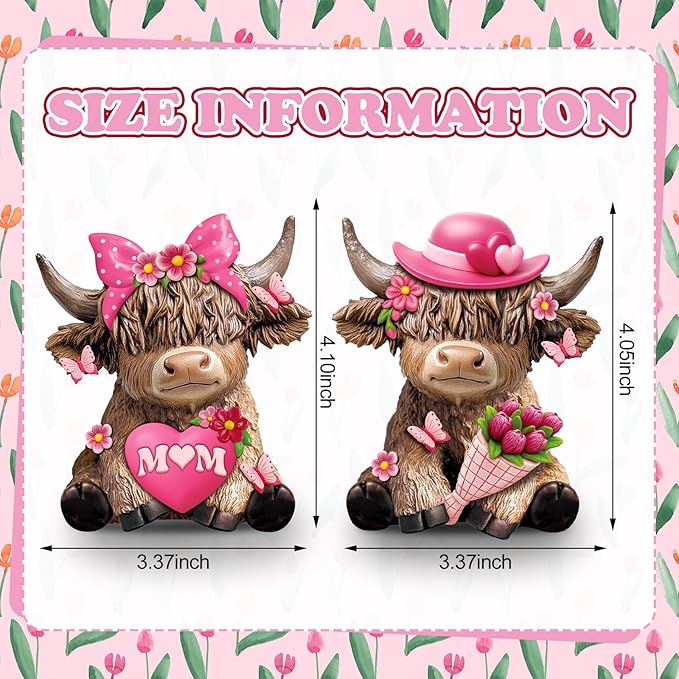 Karenhi 2 Pcs Mother's Day Highland Cow Figurines, Flowers and MOM Heart Resin Cow Gnomes Scottish Resin Statue Calf Lovers Gifts for Home Garden Kitchen Office Tiered Tray Table Decor