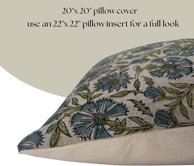 Linen Throw Pillow Covers 20x20 inch Blue Green Decorative Pillow Covers for Living Room, Bedroom