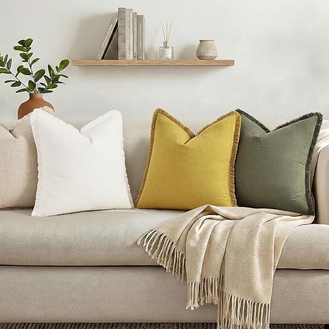decorUhome Summer Decorative Neutral Linen Fringe Euro Sham Throw Pillow Covers Set of 2 Cream White Pillow Covers with Tassels Soft Farmhouse Boho Accent Pillow Cases for Couch Bed Sofa 24x24 Inch