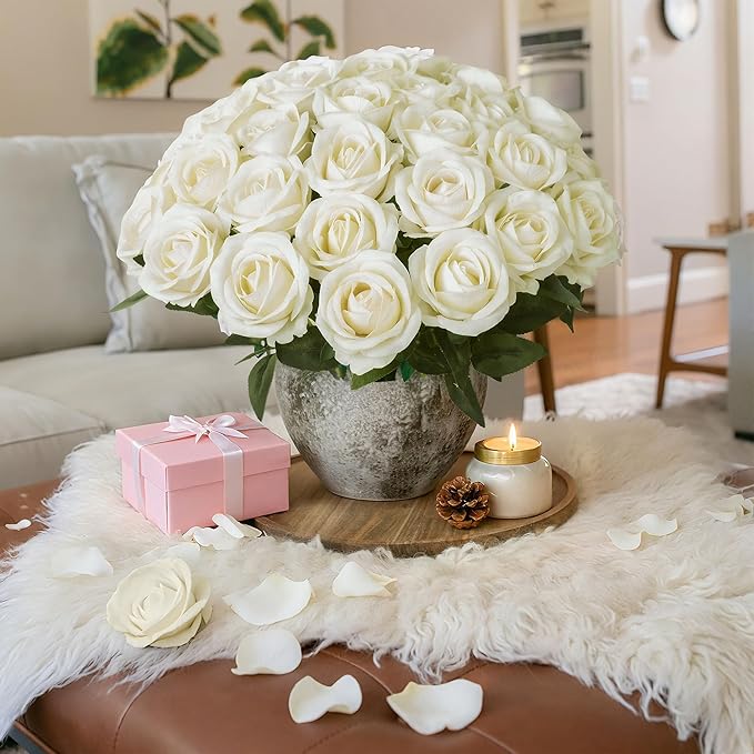 50 PCS Ivory Roses Artificial Flowers, Fake Roses with Stem Realistic Silk Roses for DIY Wedding Bouquets Tables Centerpieces Arrangements Baby Shower Birthday Home Decor Valentine's Day Gift for Her
