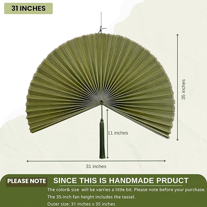 ChumDecor Fan Wall Decor, Japanese Giant Fan, Large Bamboo Fan Wall Art For Boho Hanging Headboard, Decorative Folding Fans For Over Bed, Asia Trending (Army Green 31inch)