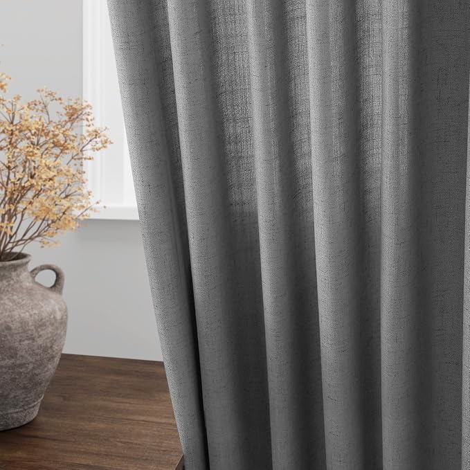 Dark Grey Linen Extra Long Curtain 108 Inches Long 2 Panels Set Back Tab Drapes for Bedroom Lively Farmhouse Light Filtering Semi Sheer Linen Curtains 108 Inch Length for Large Window 52x108