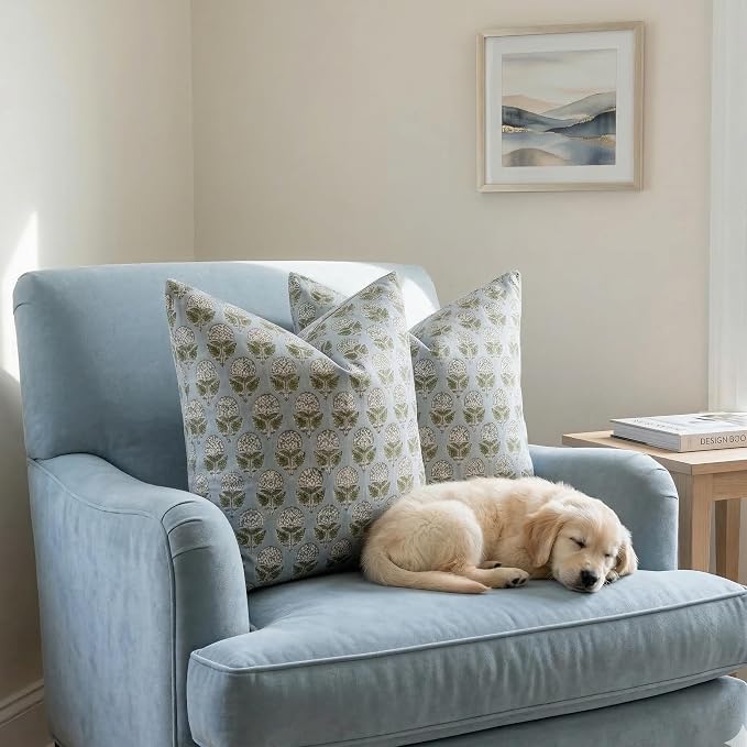 Linen Throw Pillow Covers 20x20 inch Blue Green Spring Decorative Pillow Covers for Living Room, Bedroom