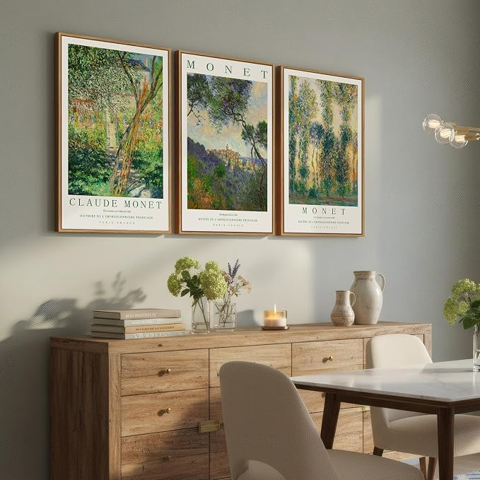 3 Piece Framed Monet Landscape Wall Art for Living Room, Large Impressionist Vintage Canvas Artwork for Walls, Green Tree Nature Prints Painting for Bedroom Dining Room Wall Decor 16x24 Inch