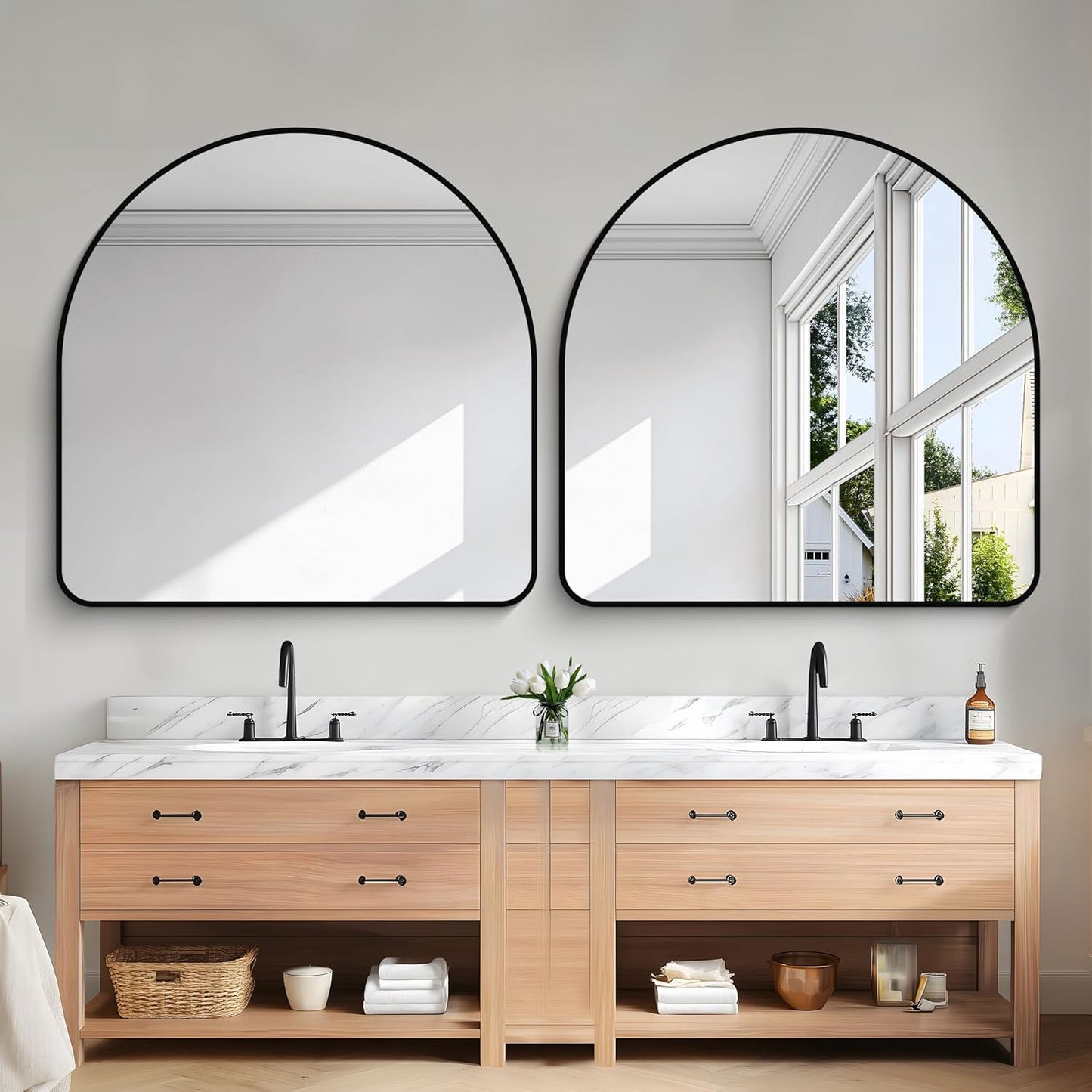 Arched Bathroom Mirror, 45"x45" Black Arched Mirror for Bathroom, Wall Mounted Mirror, Black Vanity Wall Mirror Metal Frame for Bedroom, Entryway, Living Room, Hanging or Leaning Against Wall