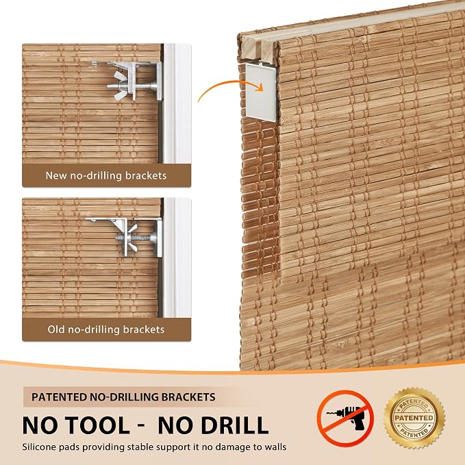 LazBlinds No Tools No Drill Cordless Bamboo Roman Shades, Light Filtering Window Treatment, Roll Up Bamboo Blinds for Windows 37'' W x 48'' H, Ceylon Light Russet