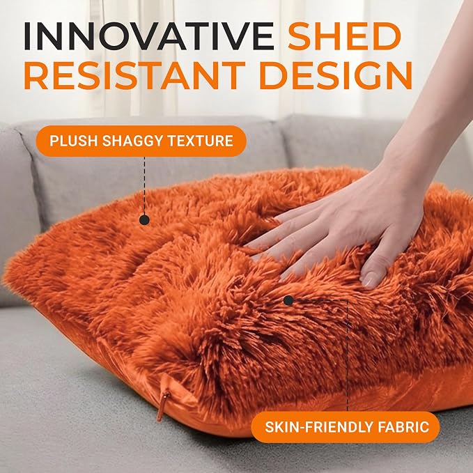 Cheer Collection Throw Pillows for Couch and Bed, Soft Shaggy Throw Pillows with Inserts Included, Cozy Long Hair Faux Fur Pillows - Set of 2-18" x 18" - Rust Orange