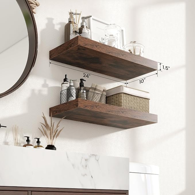 Axeman 24Inch Floating Shelves for Wall, 2 Pack Shelves for Bedroom, Bathroom, Kitchen, Hanging Wall Mounted Rustic Wood Shelf with Invisible Brackets for Books Decor, Rustic Brown