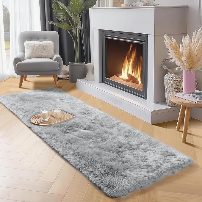 PAGISOFE Grey Runner Rugs for Hallway 2x6 Ft, Super Soft Fluffy Rug Home Decor Aesthetic, Fuzzy Plush Long Bedside Rugs, Plush Shag Carpet for Bedroom, Kids Room, Teen Dorm Nursery Room Decor