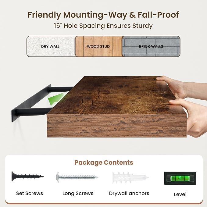 FLYJOE 48 Inch Floating Shelves | 12 Inch Deep Floating Shelves Set of 2 | 48" W x 12" D Rustic Brown Wood Wall Shelves for Bathroom Living Room Kitchen Laundry Room