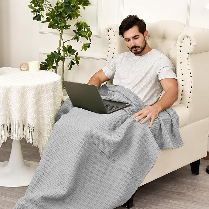 PHF Pre-Washed 100% Cotton Waffle Weave Throw Blanket for Couch, Lightweight Breathable Bed Blanket for Spring Summer, Snag Proof Machine Washable, Home Decor Gift - Light Grey