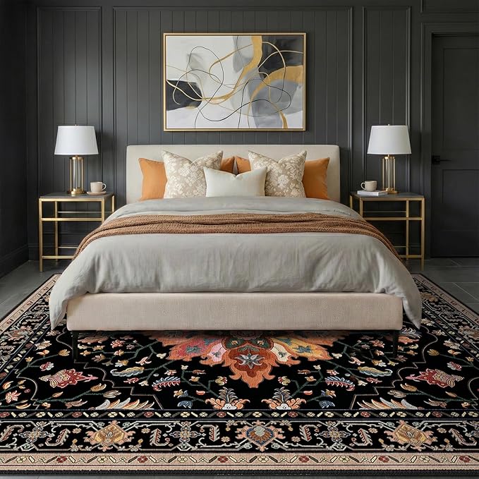 RELEANY Area Rugs 8'x10' Washable Non-Slip, Floral Vintage Distress Print Pattern Medallion Carpet for Living Room Bedroom Dining Room, Black Colorful Floral Dark Tan