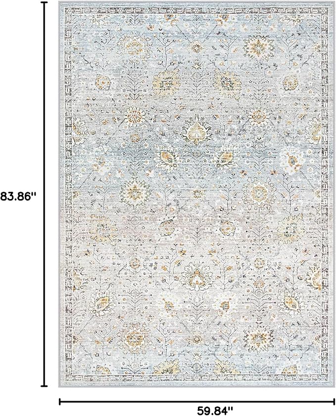 Lahome Flavie Boho Light Blue Area Rug 5x7 for Living Room, Soft Large Floral Rug for Bedroom Aesthetic, Machine Washable Floor Carpet Non Slip Indoor for Home Decor (Blue/Grey)