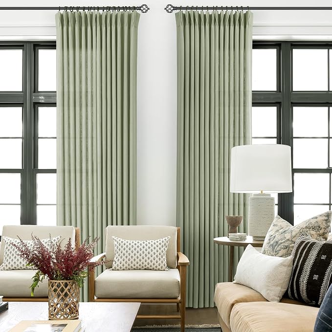 Sage Green Pinch Pleated Linen Curtains 63 Inch Length 2 Panels for Living Room Bedroom Textured Semi Sheer Drapes Pinch Pleat Rings Window Curtain 40x63