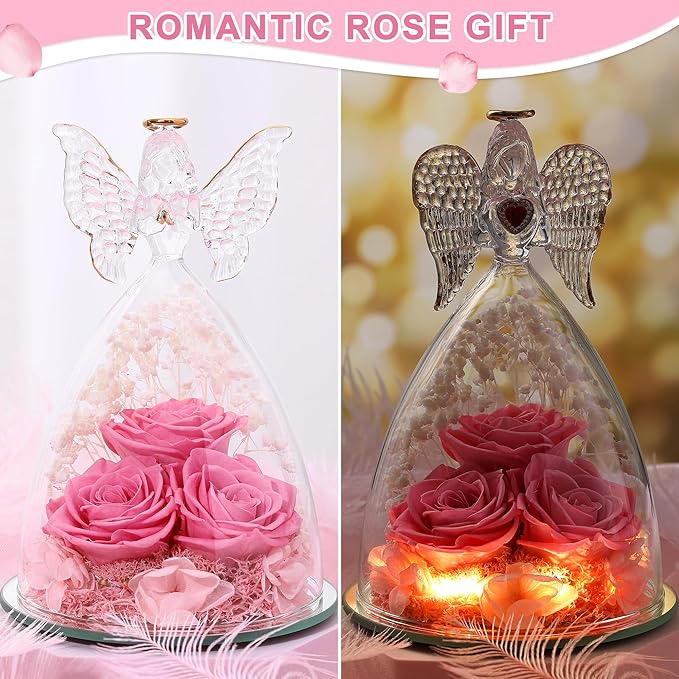 Mothers Day Rose Gifts for Women Preserved Real Flower in Glass Angel Figurines Roses for Delivery Prime Birthday Gifts for Mom Grandma Girlfriend Wife Her, Sweet Pink