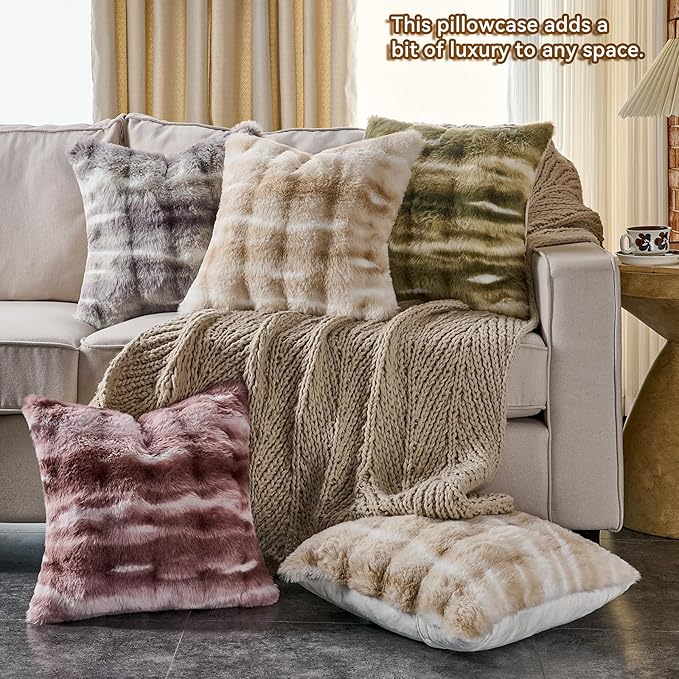 AmHoo Pack of 2 Throw Pillow Covers 3D Dense Faux Rabbit Fur Cozy Super Soft Fuzzy Set Case Cushion for Couch Sofa Bedroom 20 x 20-Inch Nostalgia Rose