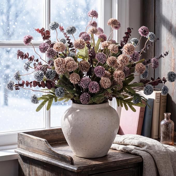Hoteam 36 Pcs Artificial Chrysanthemum Flowers Bouquet with Dried Eucalyptus Leaves 15 Stems Fake Mums 21 Stems Preserved Eucalyptus for Vase Home Decor Wedding Centerpieces(Blue Violet)