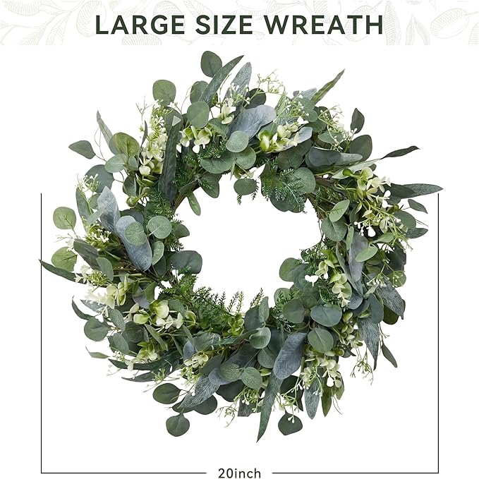 Pinkpum 20'' Eucalyptus Wreath for Front Door Porch Window Green Decor for Home Farmhouse Wall Spring Summer Fall Outdoor Indoor All Seasons