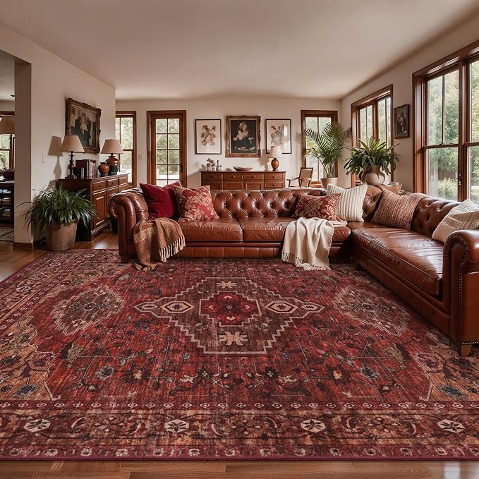 Tangsoo 10x12 Area Rugs for Living Room, Washable Large Area Rugs Oriental Vintage Indoor Non Slip Print Carpet Soft Low Pile Rug Foldable Floor Rug for Bedroom Dining Room Dorm Dark Red
