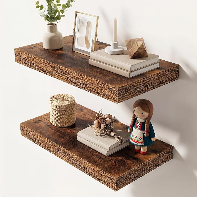 Dreamland 16 Inches Floating Shelves for Wall,9.3" Deep Long Floating Shelves Set of 2,Large Display & Storage Shelf,Wall Shelf for Bathroom Bedroom Living Room Kitchen Office,Rustic Brown