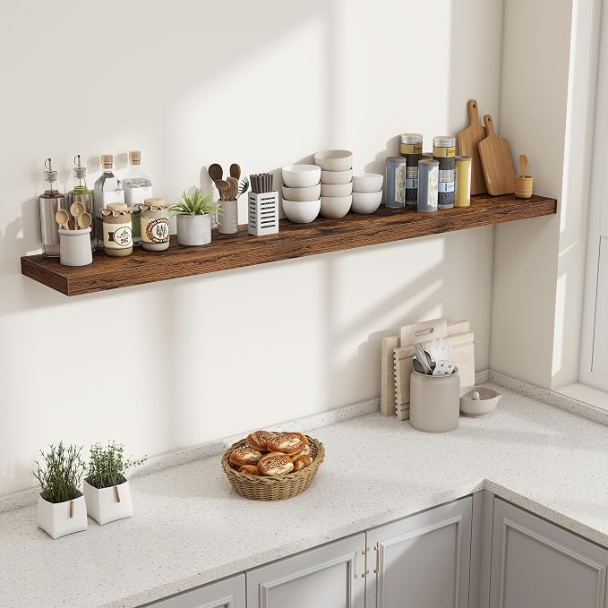 Fun Memories 72 Inch Fireplace Mantel Shelf, 10 Inch Deep Shelves for Display & Wall Storage, Rustic Wood Wall Shelf, Extra Long Floating Shelves for Living Room Laundry Room, Rustic Brown, Set of 2