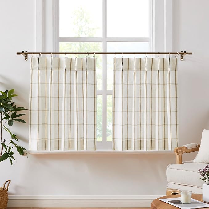 Vision Home Flax Linen Plaid Pinch Pleated Tier Curtains 24 inch, Checkered Semi Sheer Kitchen Curtains with Back Tab & Hooks, Light Filtering Small Window Panels for Bathroom Laundry, 25" Wx24 Lx2
