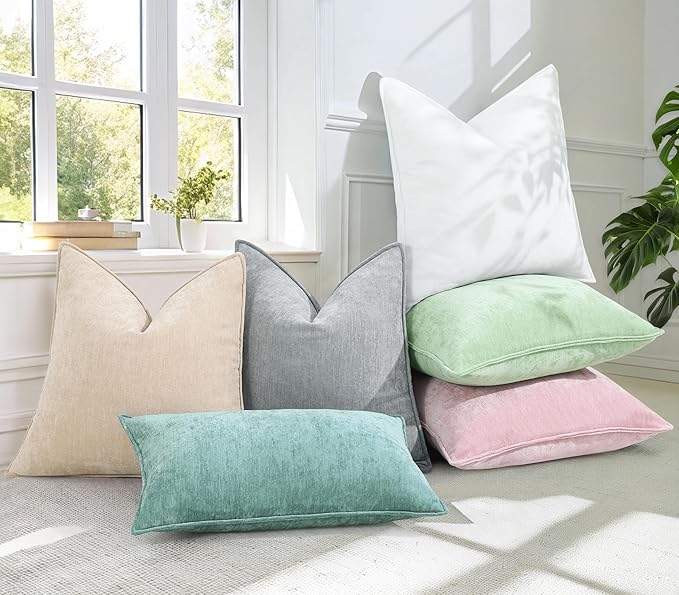 decorUhome Summer Couch Euro Sham Throw Pillow Covers 22x22 Set of 2, Decorative Soft Velvet Modern Cozy Chenille Pillow Cases with Elegant Design for Sofa Bed Living Room Home Decor, Sage Green