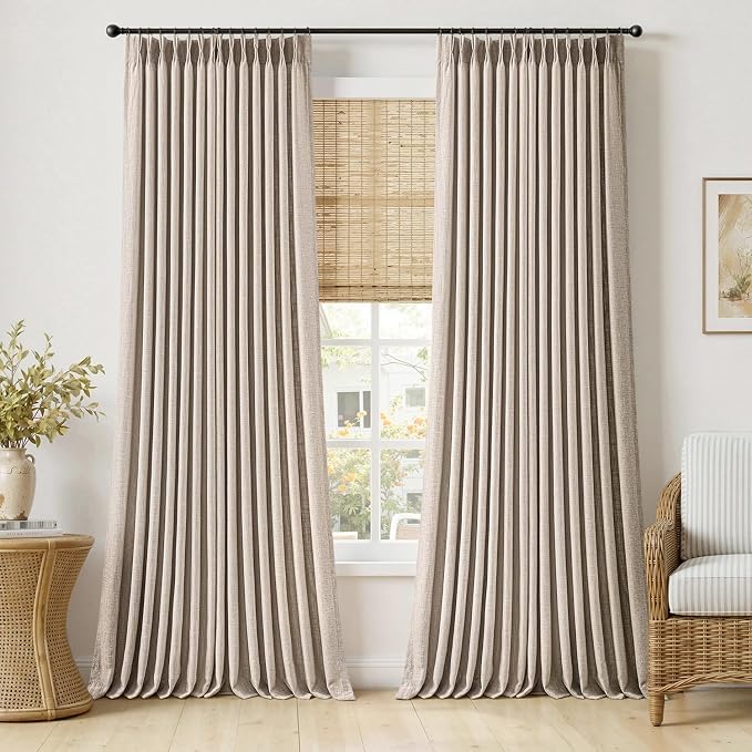 MIULEE Pinch Pleated Thick Linen Curtains 108 Inches Long 2 Panels for Living Room Bedroom, Extra Long Linen Drapes Pinch Pleat Back Tab Rustic Farmhouse Foor to Ceiling Curtains with Hooks, Taupe