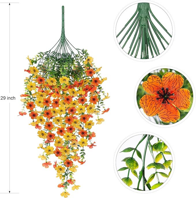 Ammyoo Artificial Hanging Flowers for Outdoors Fake Plants Decoration, 2 Packs Faux Silk Daisy Flower Realistic Outdoor Flowers UV Resistant Porch Patio Window Yard Indoor Spring Decor(Yellow Orange)