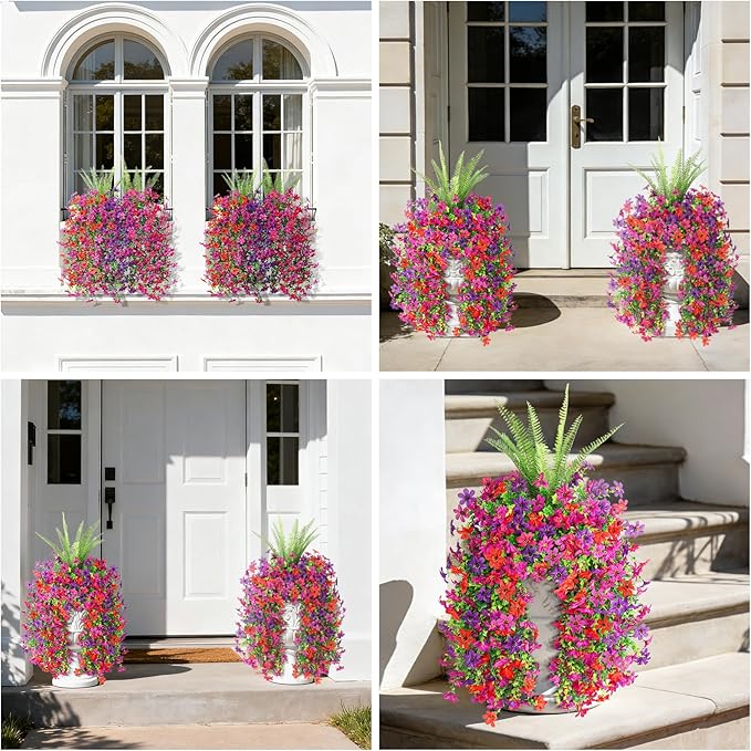 Artificial Fake Flowers Plants for Outdoor Decoration,3 Pcs Faux Hanging Flowers with Boston Ferns Spring Summer Decor,UV Resistant Realistic Fake Silk Flowers for Planter Balcony Yard Porch Garden