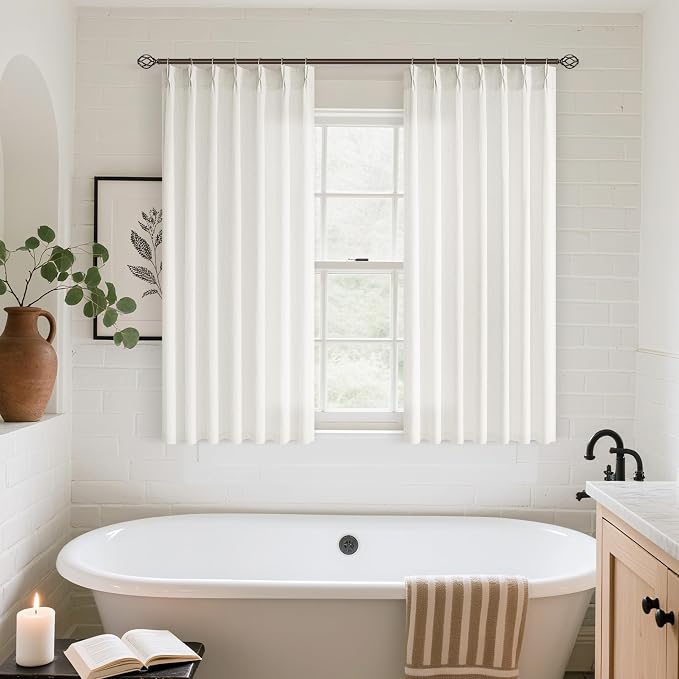 Cream Semi Sheer Linen Pinch Pleated Curtains 45 Inch Long | Extra Short 45 inch Length Small, Pinch Pleat Hook Rings Memory Shape, Ivory Beige Neutral, Faux Linen Textured, Boho Modern