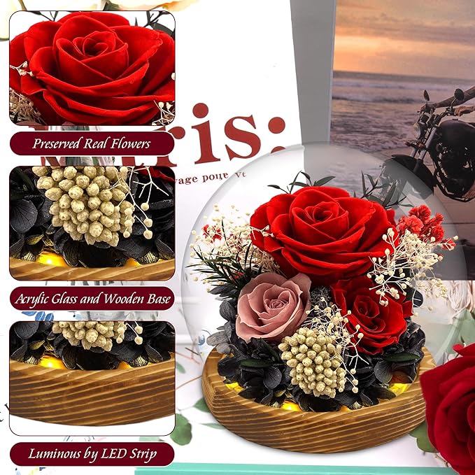 MOKOQI Red Rose Mothers Day Gifts for Mom Forever Rose Flowers for Delivery Prime Preserved Flowers in Glass Dome | Birthday Gifts for Women Mom Wife Grandma