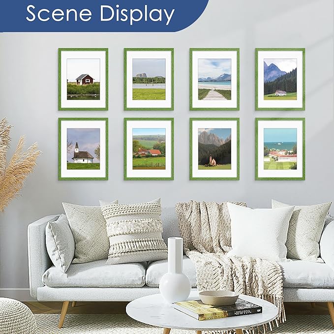 PEALSN 11x14 Picture Frame Set of 6, Display Pictures 8x10 with Mat or 11x14 without Mat for Wall Mounting or Table Top Display, Photo Frames Collage for Wall Decor, Green