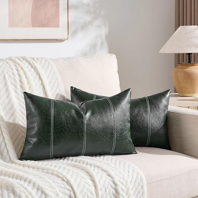 Fancy Homi Dark Green Lumbar Faux Leather Decorative Throw Pillow Covers 12x20 Inch for Living Room Couch Bed, Modern Farmhouse Boho Home Decor, Olive Green Hand Stitched Cushion Case 30x50 cm