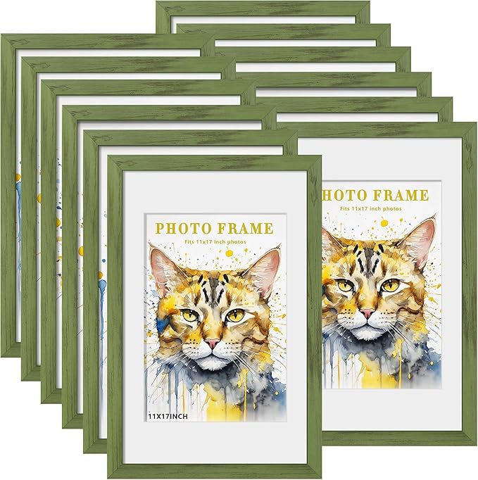 Picrit 11x17 Picture Frame Set of 12, Display 8x12 with Mat or 11x17 without Mat, Photo Frames for Wall Mounting Display, Green Wood Grain