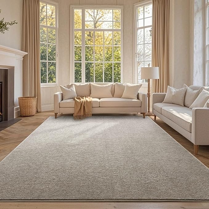 FinRèc 6x9 Washable Area Rugs for Bedroom Living Room, Low Pile Thin Rug Solid Color, Non-Slip Carpet Indoor for Home Decor (Greige)