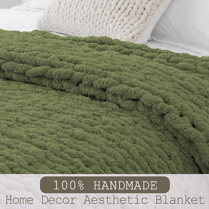 Chunky Knit Throw Blanket 60x80, 100% Handmade Chenille Yarn | 6.7lbs Soft Thick Cable Knitted Blankets, Large Rope Knot Crochet Throws for Couch Sofa Bed Christmas Fall Decor, Olive Green