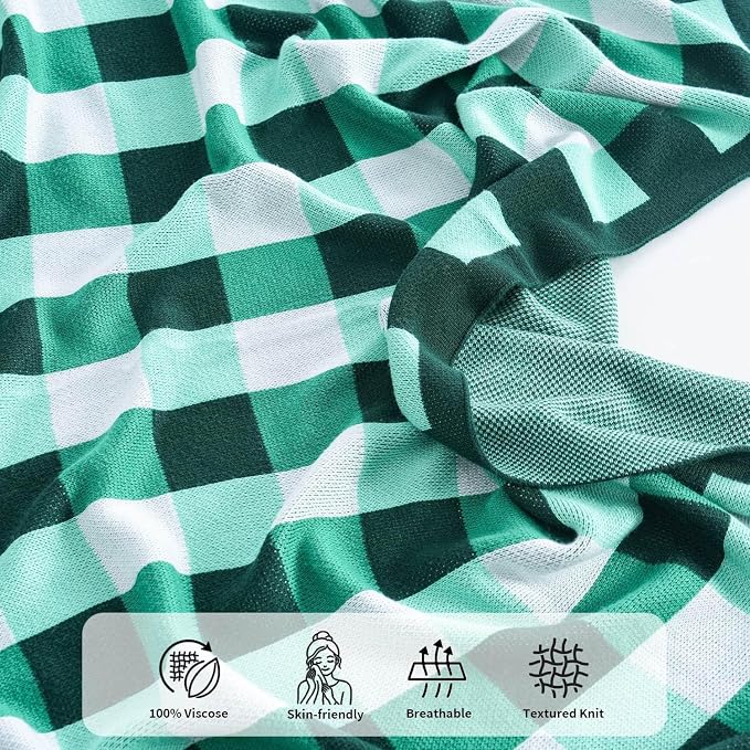 BOV Knit Checkered Throw Blanket - 100% Viscose Silky Super Soft Breathable Lightweight Summer Blanket for Chair Couch Sofa, Perfect Self Care Gifts for Women, Fern Green 50"x60"