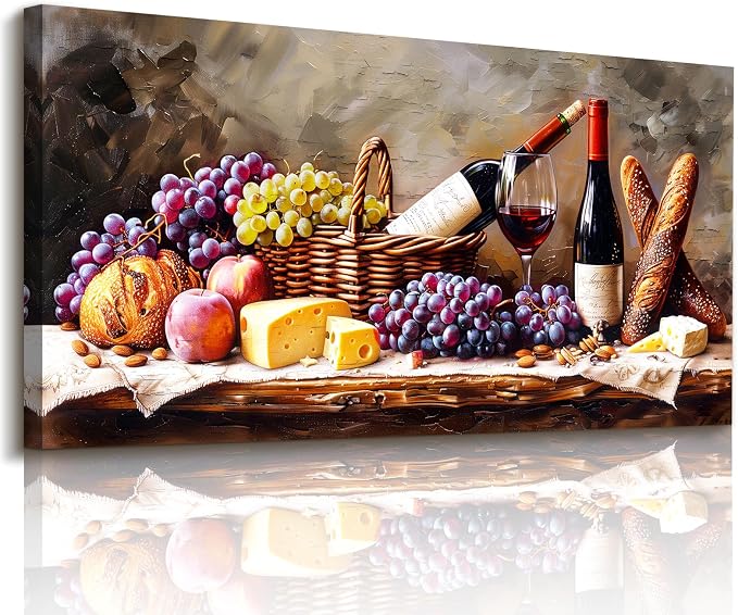 imjiayu Large Wall Art, Kitchen Wall Art, Wine Pictures Wall Decor, Framed Rustic Oil Painting Style Canvas Print, Grape Cheese Bread Still Life Wall Decor, Vintage Dining Room Home Bar Cafe Wall Art, 24"x48"